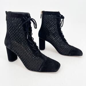 Dior Black Suede Crochet Mesh Naughtily-D Lace Up Heeled Ankle Boot size EU 38